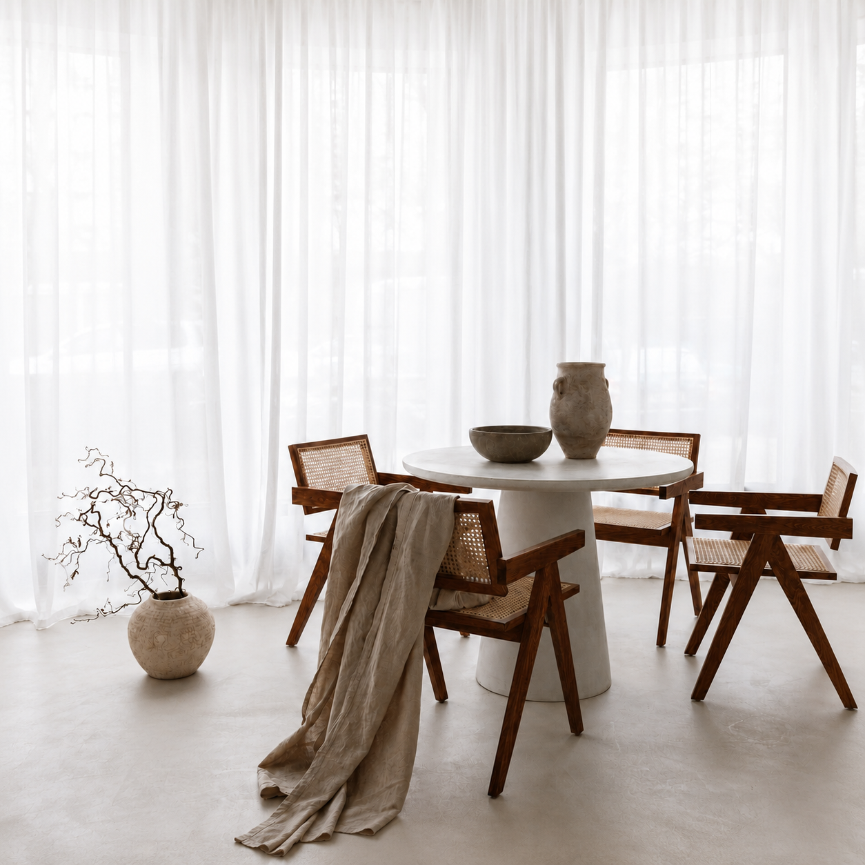 Dining nook with cane-back chairs, round pedestal table and sheer curtains