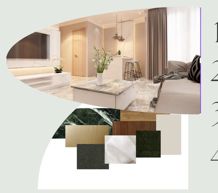 Neutral contemporary living room with material swatches: green marble, brass, walnut, linen