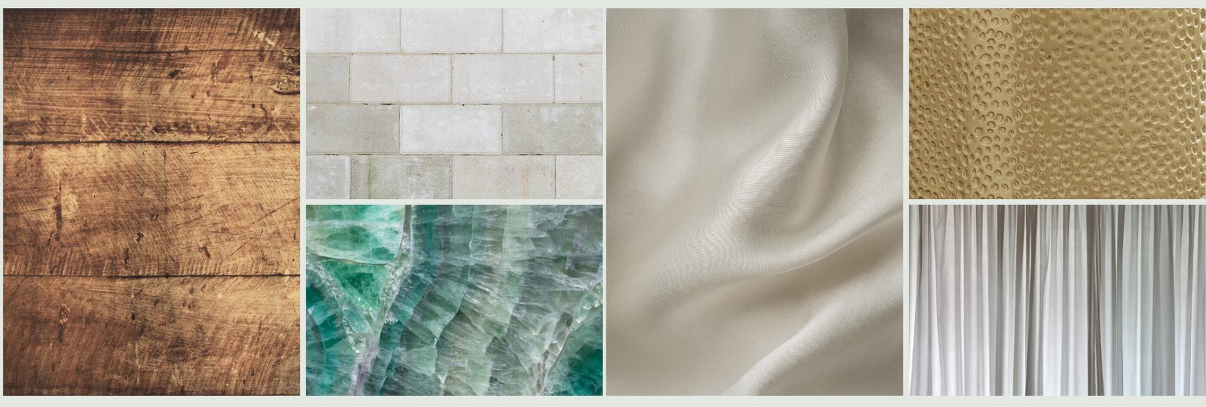 Material selections: reclaimed wood, limestone brick, green fluorite, ivory silk, hammered gold, sheer drapery