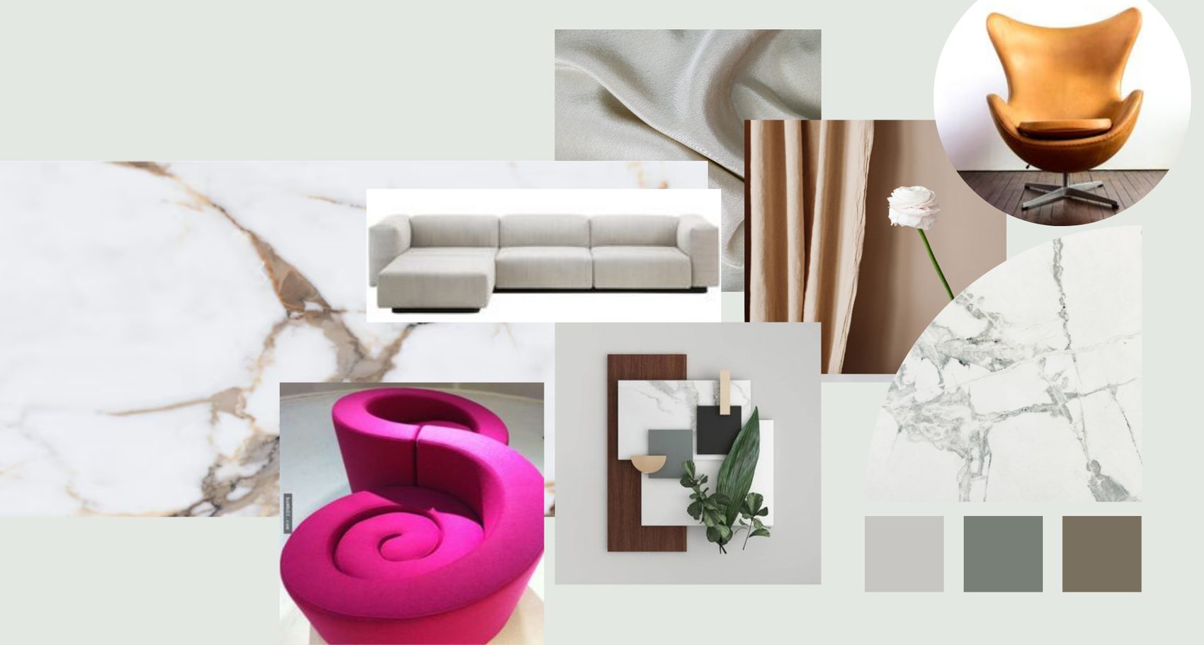Holland Interiors mood board: gold-veined marble, ivory silk, modular sofa, cognac leather egg chair, magenta sculptural chair, sage-gray-taupe palette