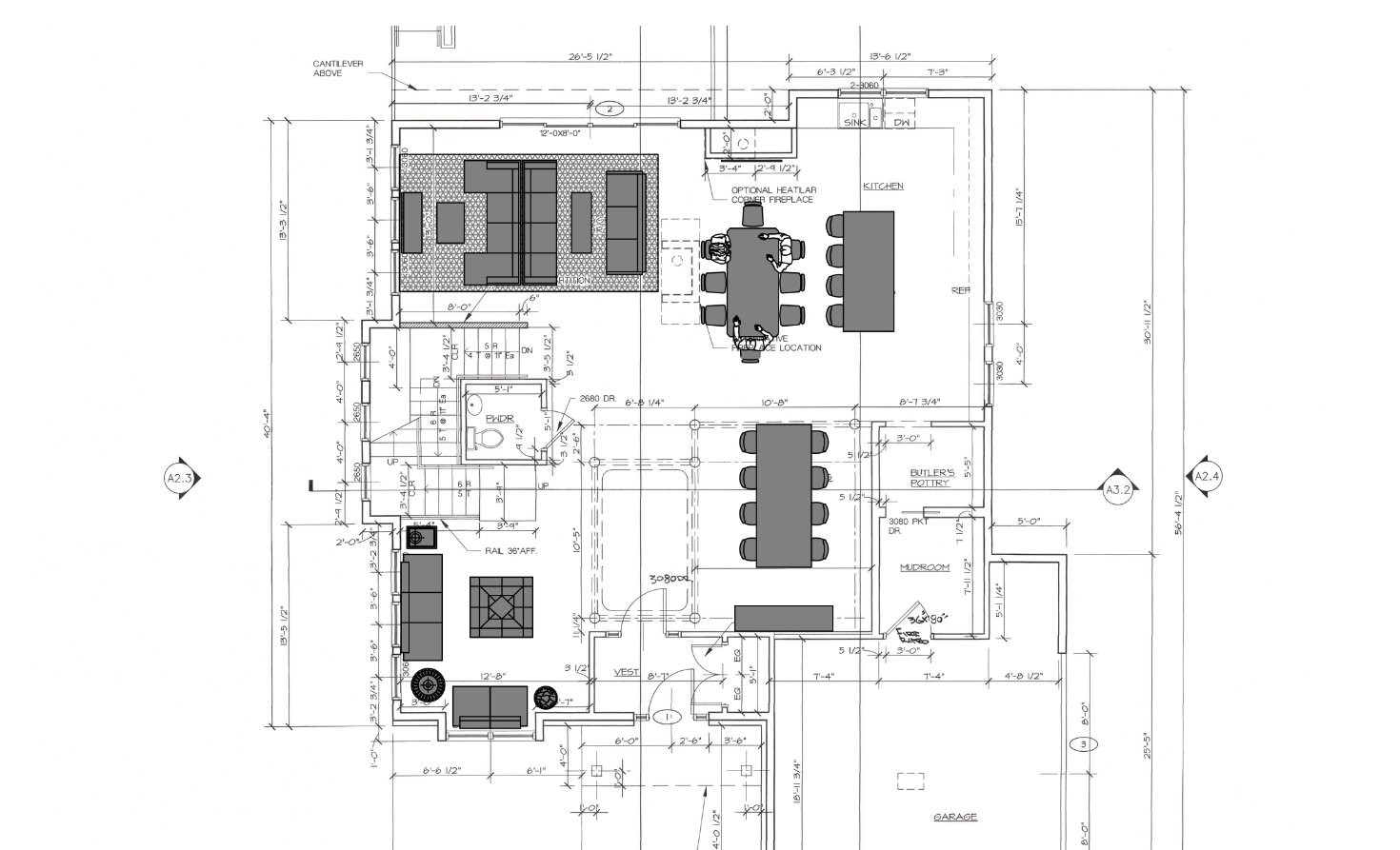 First floor furniture layout drawing: living room, kitchen, dining, butler's pantry, mudroom and garage
