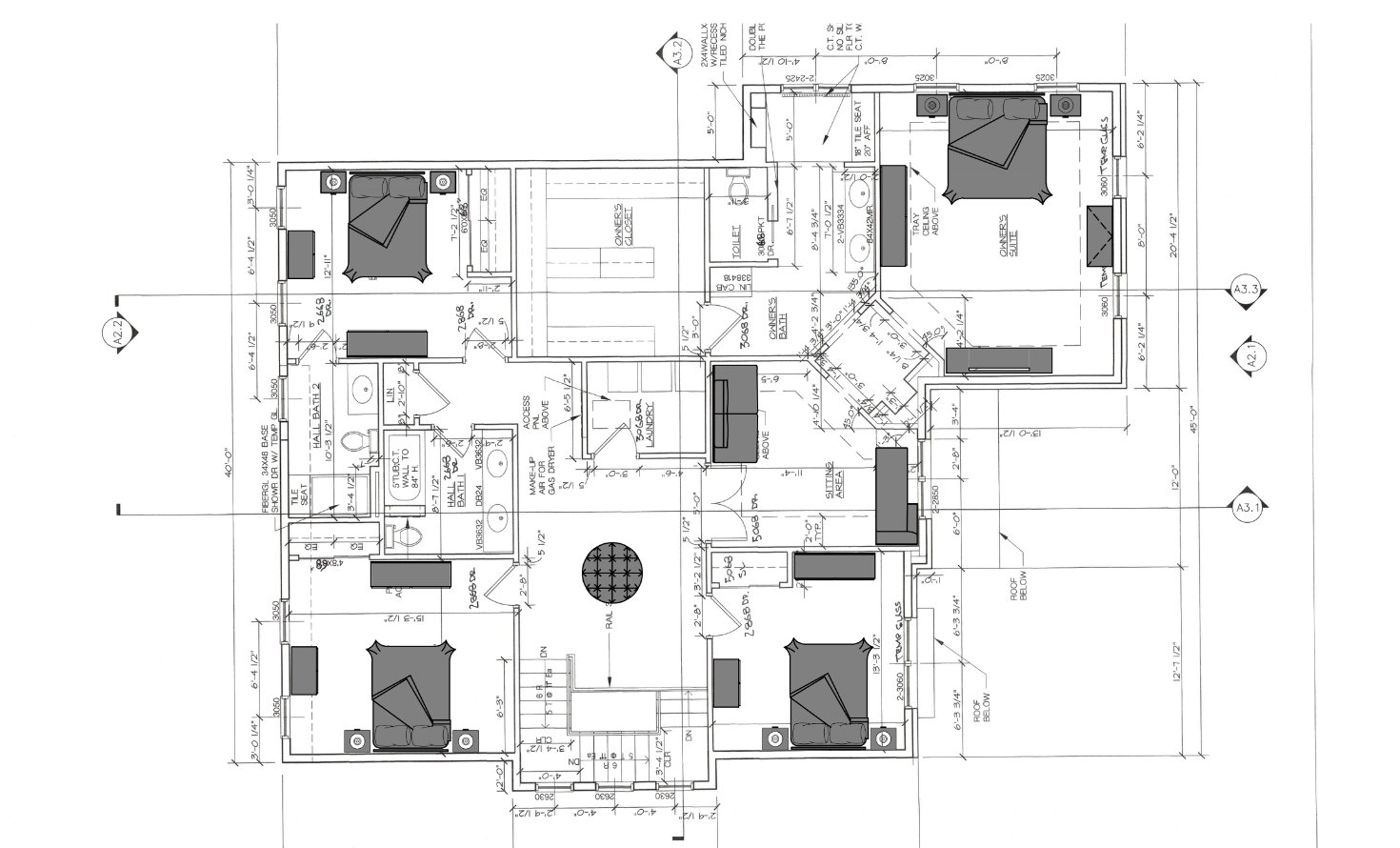 Second floor furniture layout drawing: owner's suite, owner's bath and closet, hall baths, laundry, sitting area and bedrooms