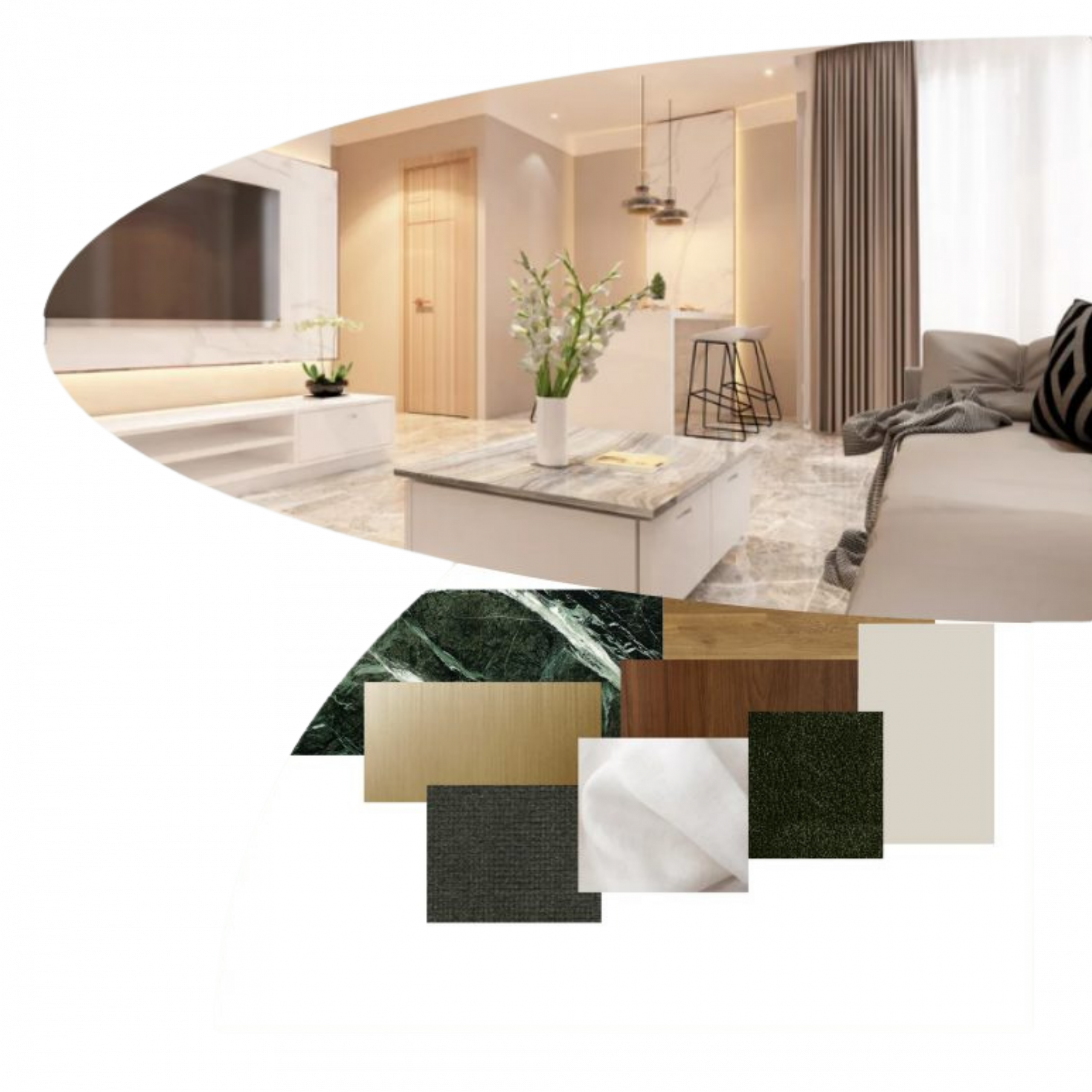 Neutral contemporary living room with material swatches: green marble, brass, walnut, linen