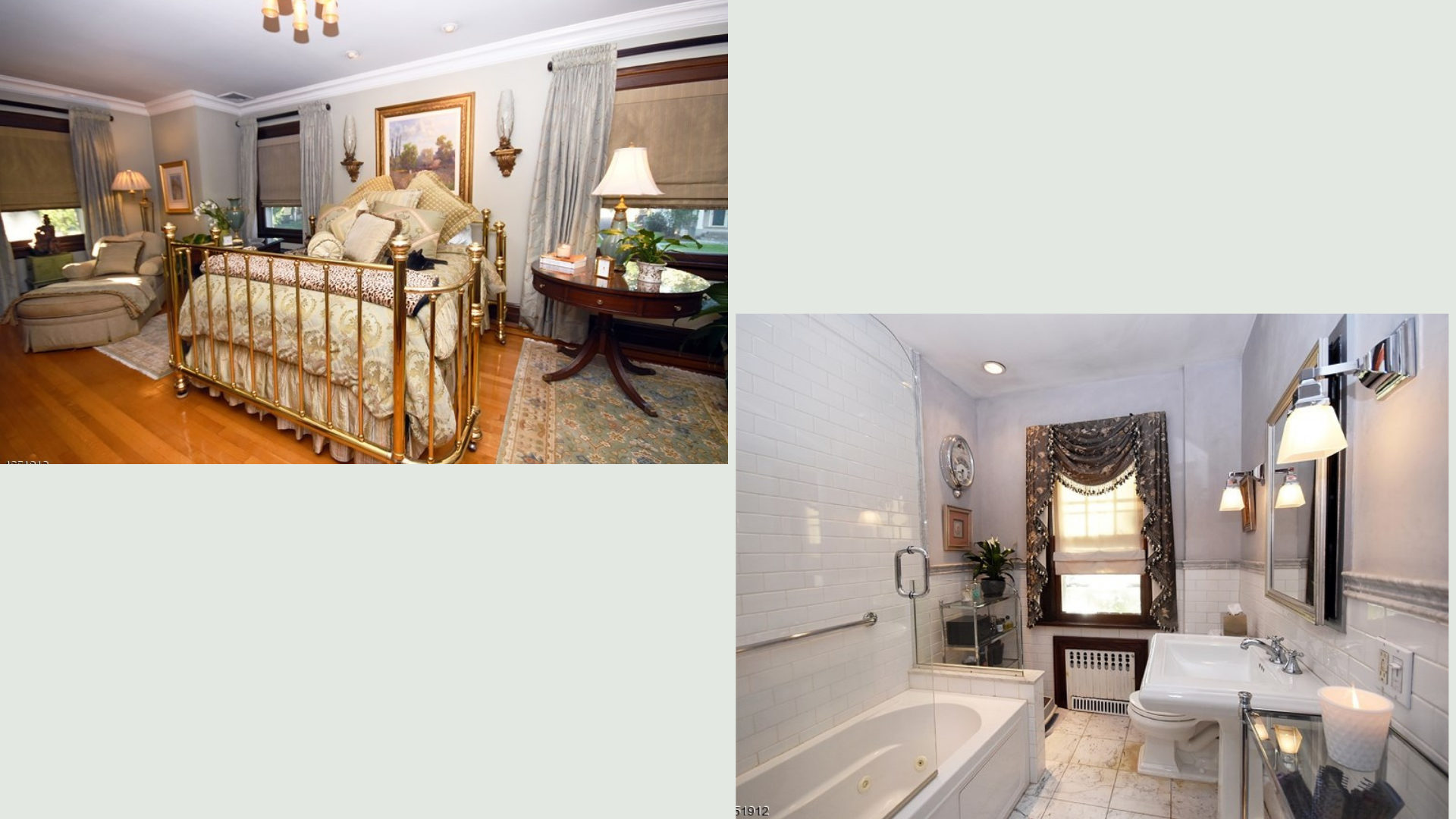 Primary bathroom with white double vanity, framed mirrors and landscape artwork