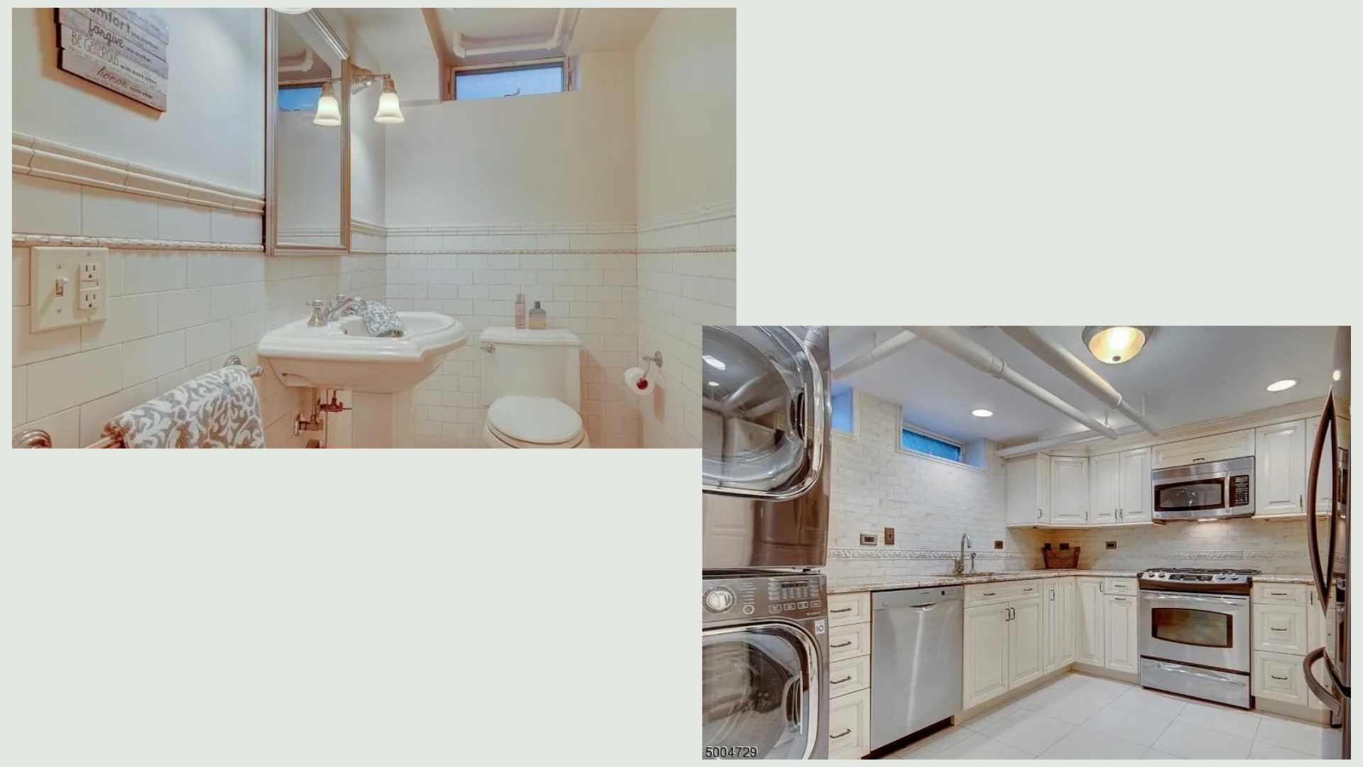 Primary bathroom with white double vanity, framed mirrors and landscape artwork