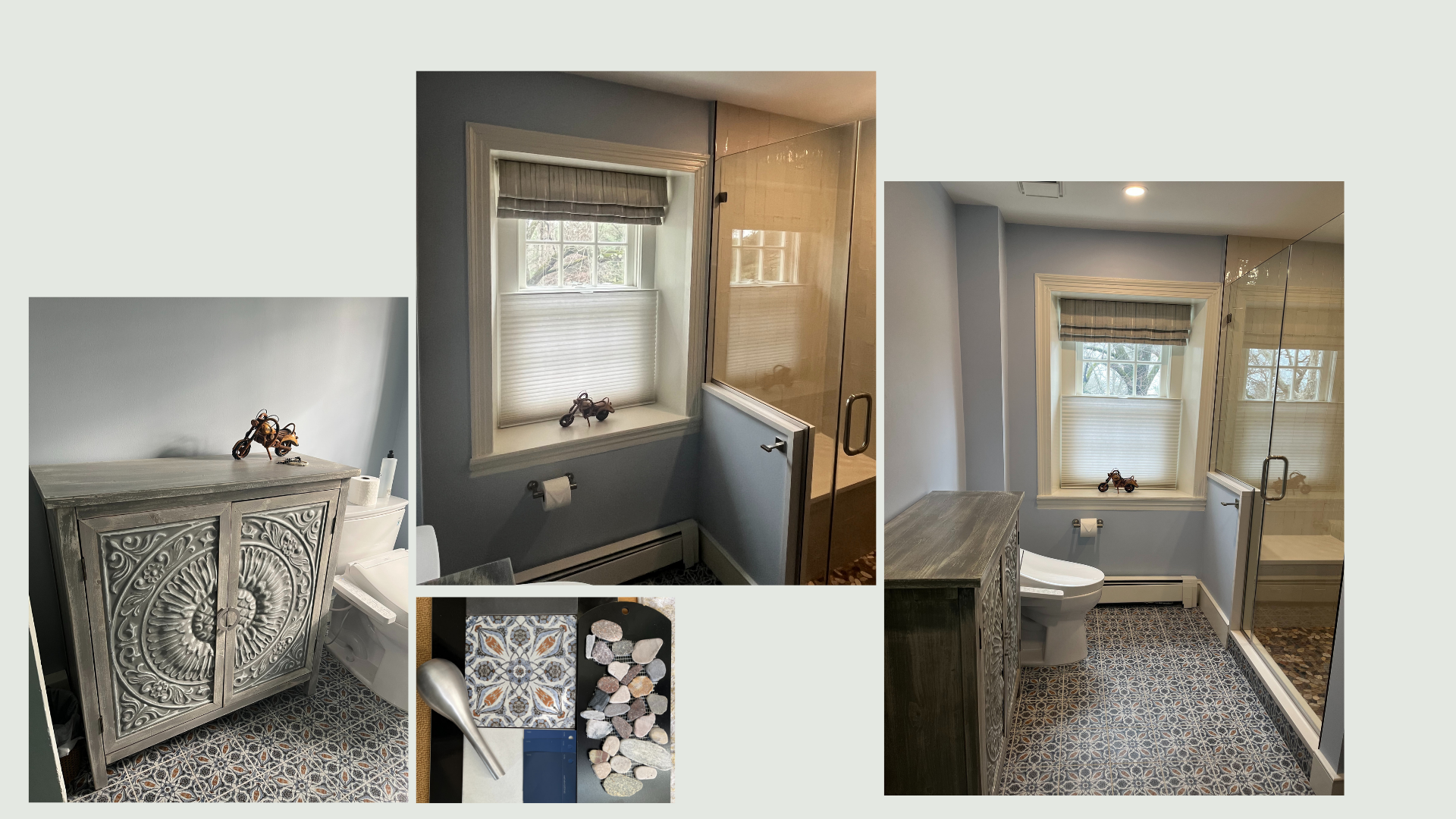 Primary bathroom with white double vanity, framed mirrors and landscape artwork